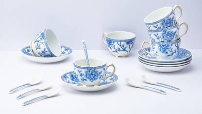 Golden Queens Pack of 18 Ceramic GOLDEN QUEEN'S Cups, Saucer & Spoons Set for Tea - Set of 18 pcs (Sky Blue)
