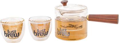 JustBrew Pack of 3 Borosilicate Glass Crystal Virtue Teapot Set, 1 Tea Pot(560ml) 2 Cups(100ml), Green Tea Infuser