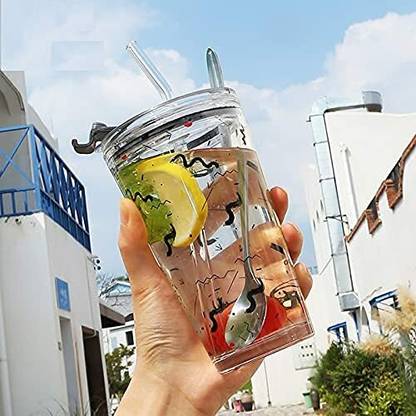 VHD Pack of 1 Glass Coffee Cup Sipper Glass with Straw Mug with Straw Coffee Cup with lid Tumbler