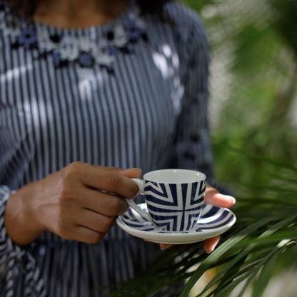 Home4U Pack of 12 Bone China Blue & White Bone China Celeste Cup And Saucer (Set of 6)