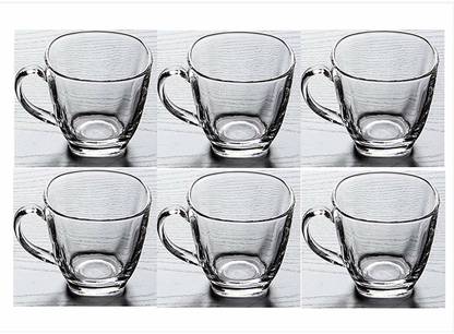 STORKLER Glass Glass Transparent Oval Shape Square Crystal Clear Toughened Glass Tea Cup with Convenient Solid Handle Cups, Glass Set for Tea, Coffee, Beer, Hot/Cold Drinks (Set Of 6)