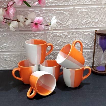 AAV WORLD Pack of 6 Ceramic ORNAGE TRIPLE SHED IN U TONE CUP (6 CUPS SET)
