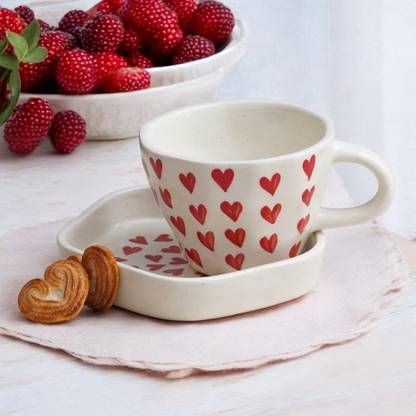 The Transit Story Pack of 2 Ceramic Heart Tea/Coffee cup saucer for Office and Home|Microwave|Dishwasher Safe