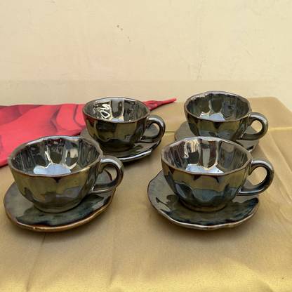 Aarambh Stories Pack of 8 Ceramic Basil Green Ceramic Tea/Coffee Cups With Saucers Set Of Four