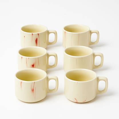 OCEAN FASHION AND STYLE Pack of 6 Ceramic Ceramic Solid Multi with Printed Round White Matte Tea Cup/Coffee Cup Set with Handle set of 6