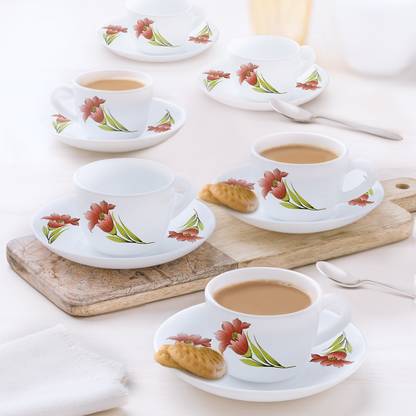 Larah by Borosil Pack of 12 Opalware 140 ml Opalware Cup and Saucer Set