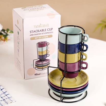 Nestasia Pack of 4 Ceramic Stackable Expresso Cup & Saucer Set