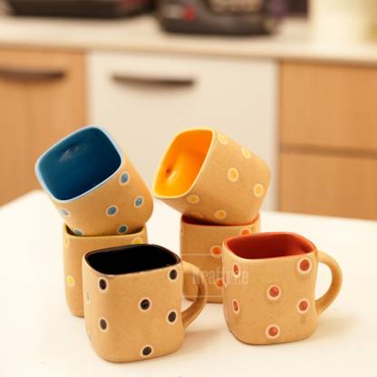 KRAFTREE Pack of 6 Ceramic Frosty Prism Square Polka Dot Ceramic Tea Cups 130 ml Each, Multicolour Chai Cup