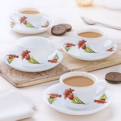Larah by Borosil Pack of 8 Opalware Red Iris 140 ml Opalware Cup and Saucer Set