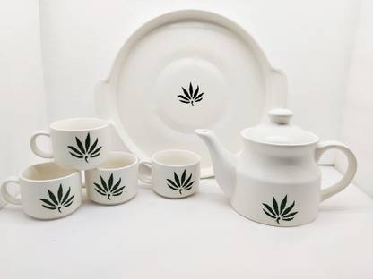 The Earthy Store Pack of 6 Ceramic Hand Painted Ceramic Tea Pot Kettle Set, 4 Cups 170ml , Kettle 600ml and Tray