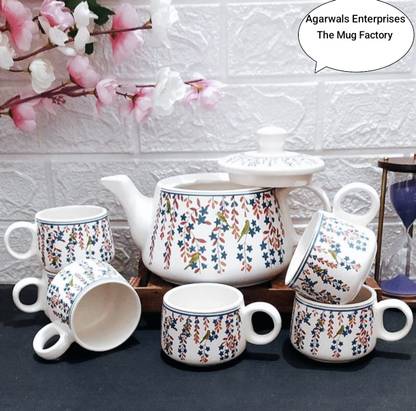 The Mug Factory Pack of 7 Ceramic Ceramic TOTA MAINA on white Tea set with kettle (pack...7