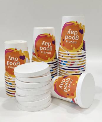 Paricott Pack of 100 Paper Cups 240ml Good Day Printed with Paper Lid Disposable Party (Pack of 100 Pieces)