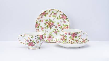 Golden Queens Pack of 12 Ceramic GOLDEN QUEEN'S Floral Cups & Saucer Set for Coffee/Tea - Set of 12 pcs (Pink)