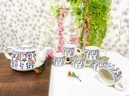 ALTAICA Pack of 7 Ceramic Ceramic Cute Floral Print Tea Kettle Pot with Cup Set --1 Pot + 6 Cups