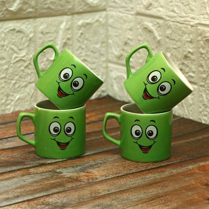 VIBEIN Pack of 4 Ceramic Green Color Smiling Tea Cup Set Tea Serving/Coffee Serving Cups 150ml