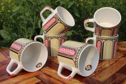 laghima jadon Pack of 6 Ceramic Coffee Cups & Tea Red Yellow Taj Arts Design Beautiful & Stylish cup 200 ML