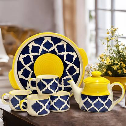 Praahi Lifestyle Pack of 6 Ceramic Tea Cup Set with Kettle & Serving Tray (6 Pieces) Tea/coffee set | Wedding gifts
