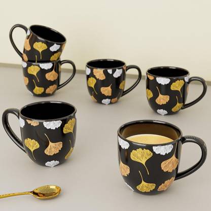 Moon Dust Pack of 6 Ceramic Black Golden Floral Printed Round Shape