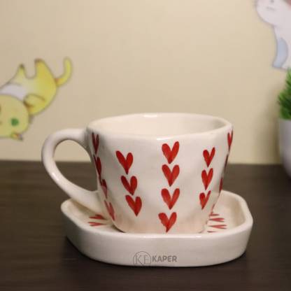KAPER Pack of 1 Ceramic Heart Print Love Cup and Saucer Set for Tea Coffee Romantic Gift 170ml