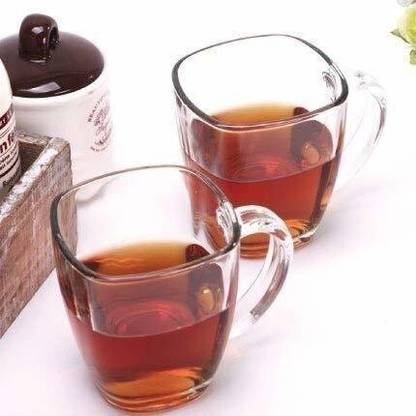 Optiq Pack of 6 Glass Crystal Clear Square Shaped Transparent Glass Tea & Coffee Cups With Handle Perfect for Hot Beverages, Cold Drinks, Coffee, Tea, Latte, Iced Tea, Espresso, Cappuccino, Hot Chocolate 200ml Pack of (6 pcs.) Glass Coffee Mug (200 ml, Pack of 6)