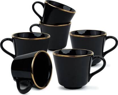 Shay Pack of 6 Ceramic Tea Cup Set | Black Gold | Premium Ceramic | Real Gold Line