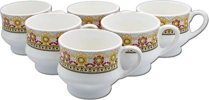 Fluemart Pack of 6 Ceramic Floral Border Coffee Cup & Tea Cup Set of 6 (AE8GB) 120ml