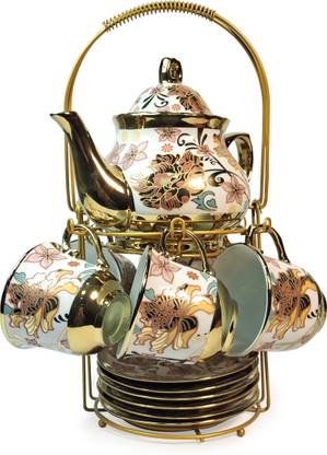 Deedecorwave Pack of 13 Porcelain Tea Set Teapot with 6 Cups,6 Saucers & Holder Stand Random Pattern Designs