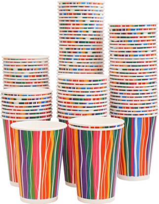 Paricott Pack of 100 Paper Cups 300ml Stripe Printed Disposable Party for Hot & Cold Beverages