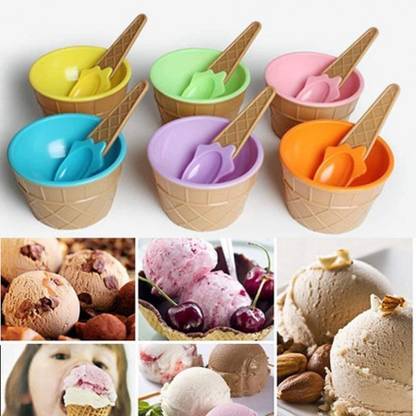 Black mirror Pack of 6 Plastic COLORFUL SET OF 6 ICE CREAM DESS JELLYERT BOWL WITH A SPOON
