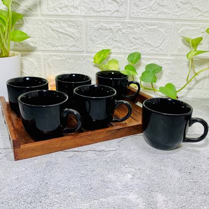 HomeFrills Pack of 7 Ceramic, Wooden Stoneware Black Solid Colour ceramic Tea/Coffee 6 Cups with 1 Wooden Tray