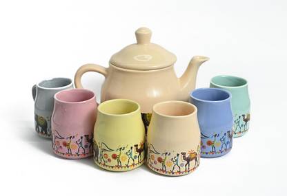 Meraki mix Ceramic Pure Ceramic Pastel Flask | Dishwasher Safe (1 Kettle + 6 Tea Cups Multicolor)