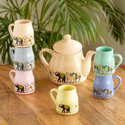 ExclusiveLane Pack of 1 Ceramic Elephant Motif' Handcrafted Ceramic Tea Cups & Kettle Set (6 Cups, 1 Kettle)