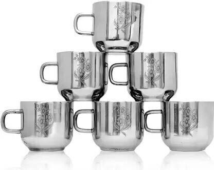 SAMEEP Double Walled Floral Laser Stainless Steel Tea & Coffee Cup Pack of 6 Stainless Steel Coffee Mug