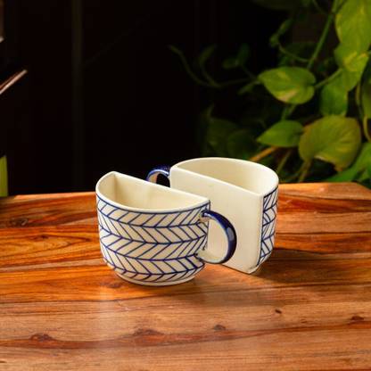 ExclusiveLane Pack of 2 Ceramic Indigo Chevron' Hand Painted Half Ceramic Coffee Mug Cup Tea Cups