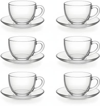 Massive Reckon Pack of 12 Glass Roma Glass Tea Cup & Saucer Set, Clear Cups, 180 ml Capacity (Set of -6- Cup -6 & Saucer -6)