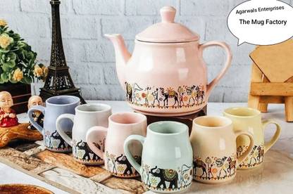 The Mug Factory Pack of 7 Ceramic Ceramic Flask Shape Animal Printed 6 Cups with Katli Pot Set