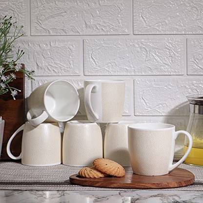 Femora Bone China Femora Fine Bone China Tea Cup Embossed Geo Design Cream, 160ML 6pcs