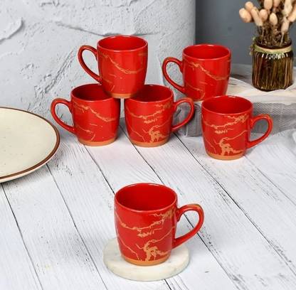 DULARIYA Pack of 6 Ceramic Gold Printed cermic Cups & Mugs / Tea Cup for Home Office / 180 Ml (Red)