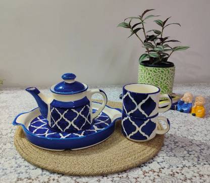 HomeFrills Pack of 4 Ceramic Hand Painted Tea Kettle Set with 2 Cups(150ml), 1 Kettle(400ml)& 1 Tray