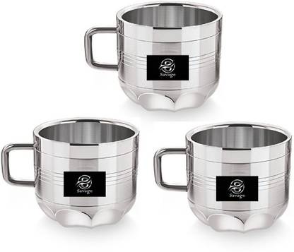 SAVAGE Pack of 3 Stainless Steel Cup Shaped Tea Cup,Stainless Steel with uniqe Back desinged.(Pack of 3)