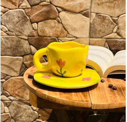 The Earthy Store Pack of 2 Ceramic Sunshine Bloom Coffee Mug and Saucer Set Pastel Cup Saucer Set