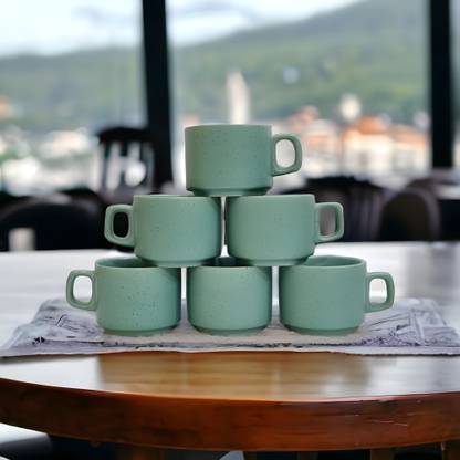 Boncel Pack of 6 Ceramic Matte Sea Green Tea/Coffee Cup Set - 170 ML Each
