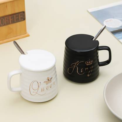 The Procure Store Pack of 2 Ceramic King Queen Ceramic Mug Set With Lid and Silver Spoon Set of 2