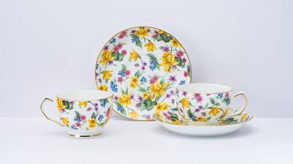 Golden Queens Pack of 12 Ceramic GOLDEN QUEEN'S Cups & Saucer Set for Coffee/Tea - Set of 12 pcs (Daffodil)