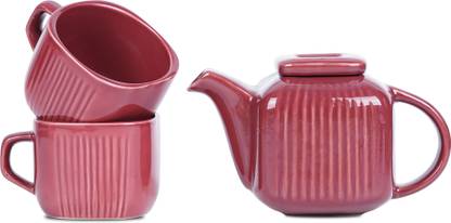 Data Pack of 4 Ceramic Zen Tea Set in Maroon, Tea for Two