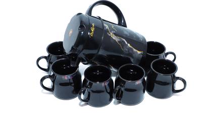 jrmart Pack of 8 Ceramic Unique Black Addition Chai Bar with 6 Cup Set, 1 Kettle and with 1 Serving Tray