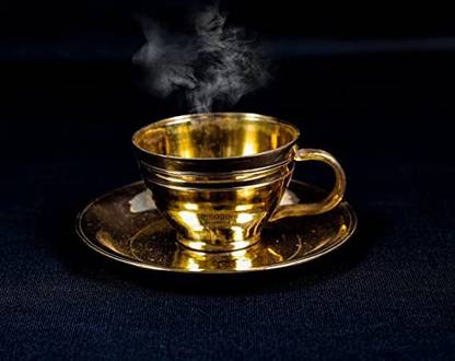 dinodink Pack of 2 Bronze Pure Kansa Cup with Saucer Sets - 1 Set I Golden I 130 ML
