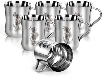 Swarn Bhumi Pack of 6 Stainless Steel Floral Design Print 160ml Coffee and Tea Cup