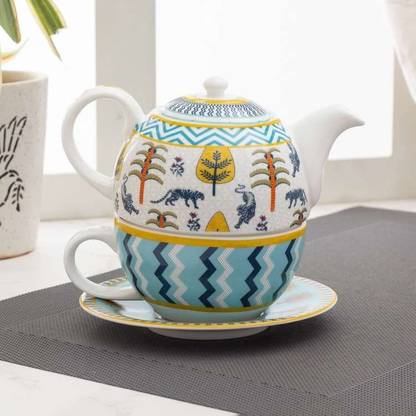 Mystic Leaf Pack of 1 Ceramic Teapot & Cup Set for 1 | Ceramic| Teapot | Cup | Set (Green)