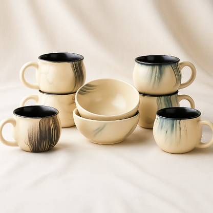 HOMIQA Pack of 8 Ceramic Mug and Bowl Set with Marble Finish – Microwave Safe, Tea & Snack Gift Combo